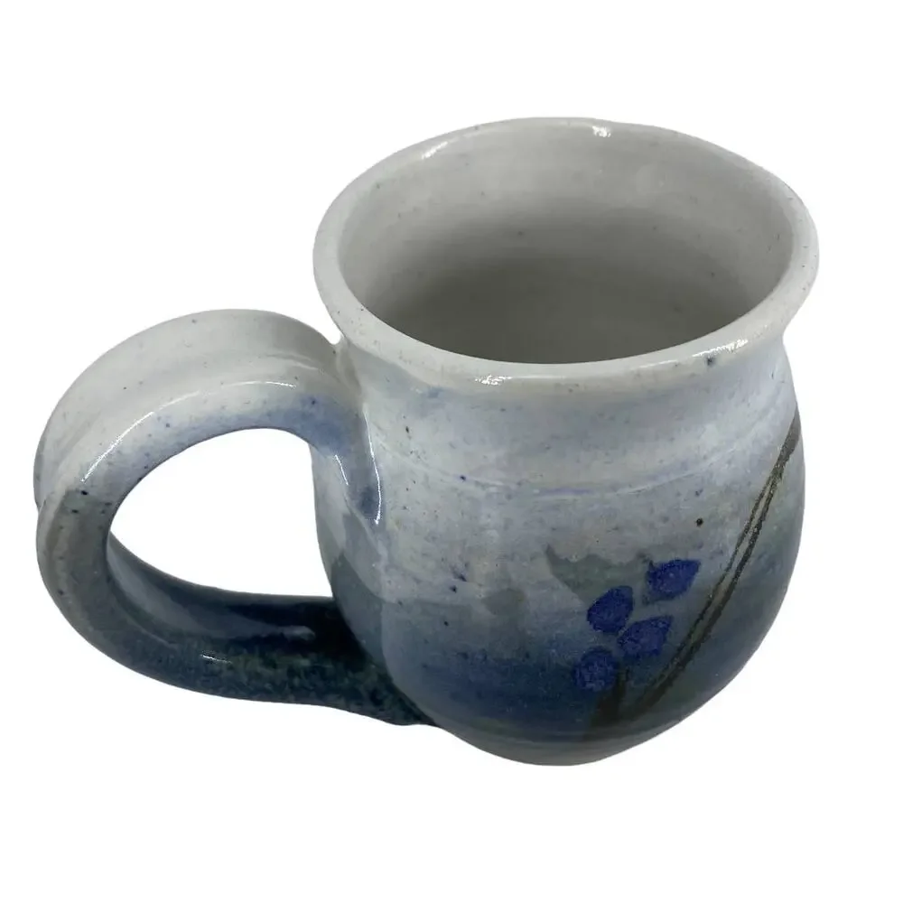 Pottery Mug Blue Signed Rustic Floral Design Coffee Tea Cup Ombre Studio Art